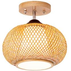 LITFAD 1 Head Bamboo Cage Ceiling Light Rural Style Foyer Semi Flush Mount Ceiling Lamp in Wood LED Pandent Light for Dining Room Bedroom Restaurant Hotel - 14& (35 cm)