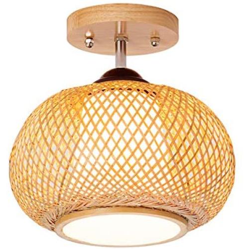 LITFAD 1 Head Bamboo Cage Ceiling Light Rural Style Foyer Semi Flush Mount Ceiling Lamp in Wood LED Pandent Light for Dining Room Bedroom Restaurant Hotel - 14& (35 cm)