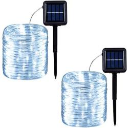 Outdoor Solar LED Rope Lights, String Lights with Clear PVC Jacket 100 LED Indoor/Outdoor Lights 8 Modes Copper Wire Fairy Lights for Wedding Christmas Party 2-Pack (White)