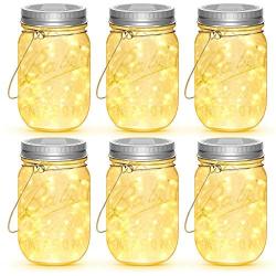 Mason Jar Solar Lights, 6 Pack 30 LEDs Fairy Lights with Jars and Hangers, IPX6 Waterproof Hanging Solar Lights Outdoor, Decorative Solar Lanterns for Garden Fence Patio Wedding