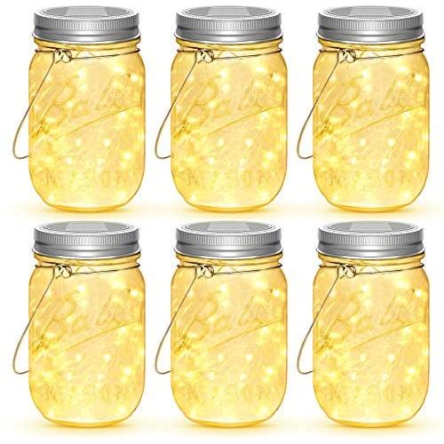 Mason Jar Solar Lights, 6 Pack 30 LEDs Fairy Lights with Jars and Hangers, IPX6 Waterproof Hanging Solar Lights Outdoor, Decorative Solar Lanterns for Garden Fence Patio Wedding
