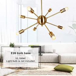 T&A Sputnik Chandelier Modern 8 Lights Brass Pendant Lighting Light Gold Mid Century Ceiling Lighting Fixture for Dining Room Bed Room Kitchen