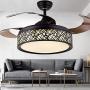 Fandian 42In Modern Ceiling Fan with Lights Remote Control Pendant Chandelier Fixtures LED Lighting Silent Retractable Blades 3 Light Colors, 3 Light Changing, Black Bird Nest Lamp for Living room, Bedroom