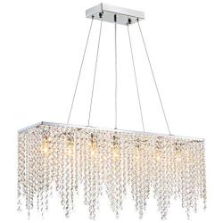 Modern Rectangular Crystal Chandelier, Luxury Linear Raindrop Hanging Pendant Lighting Flush Mount Ceiling Light Fixture for Dining Room Kitchen Island, 7-Lights, L32''