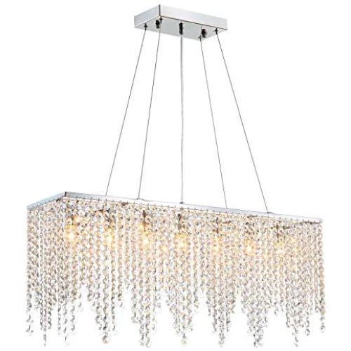 Modern Rectangular Crystal Chandelier, Luxury Linear Raindrop Hanging Pendant Lighting Flush Mount Ceiling Light Fixture for Dining Room Kitchen Island, 7-Lights, L32''
