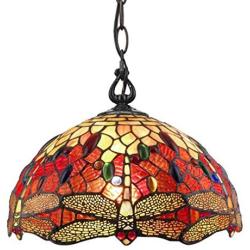 Amora Lighting Tiffany Style Hanging Pendant Lamp 14'' Wide Stained Glass Red Dragonfly Jewels Antique Vintage Light Decor Restaurant Game Living Dining Room Kitchen Gift AM1034HL14B, Multicolored