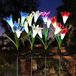 Joiedomi 4Packs Outdoor Solar Garden Stake Lights 16 Lily Flower Multi-Color Changing LED Decorative Landscape Lights Waterproof for Walkway Pathway Yard Lawn Patio Courtyard