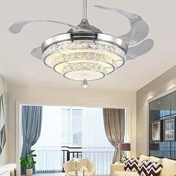TFCFL 42'' Crystal Ceiling Fan with Lights, Modern Retractable 4-Blade Invisible Chandelier with Remote 3-Color Changes LED for Dining Room, Bedroom, Living Room Home Decor (Silver)