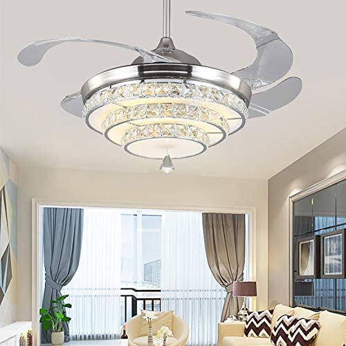 TFCFL 42'' Crystal Ceiling Fan with Lights, Modern Retractable 4-Blade Invisible Chandelier with Remote 3-Color Changes LED for Dining Room, Bedroom, Living Room Home Decor (Silver)