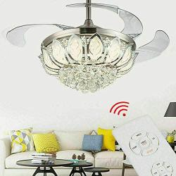 TFCFL Chandelier Ceiling Fans 42'' Luxury Retractable and Remote Control Crystal Ceiling Fan Light Kit Dimmable 3 Speeds Lighting Fixture Silent for Dining Bedroom Living Kitchen Office (Silver)