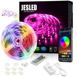 JESLED Bluetooth LED Strip Lights for Bedroom, 16.4 ft 5050 RGB LED Light Strip with RF Remote, Sync to Music, Color Changing Rope Lights for TV, Party, Home Decoration…