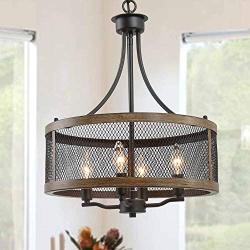 Farmhouse Chandeliers for Dining Room, Drum Light Fixture Chandelier,Oil Black & Faux Wood Finish, 16” in Diameter