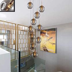 Staircase Long Chandelier,Modern Bubble Glass Chandeliers,Adjustable Height Pendant Light Molecules Hanging Light Fixture for Dining Room Bedroom Gray 6 Lights