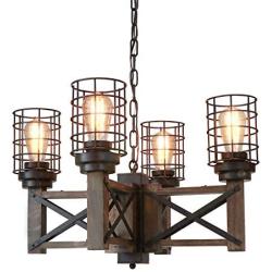 Eumyviv Wood Farmhouse Cage Rustic Chandelier Kitchen Island 4 Lights, 23.9'' Industrial Dinning Table Pendant Lamp Vintage Edison Ceiling Light Fixture, Brown & Black(C0074)