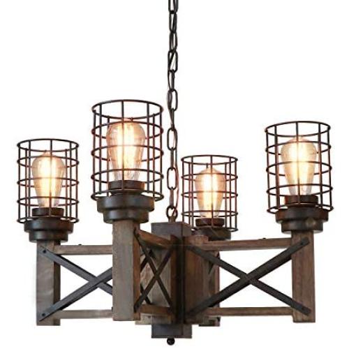 Eumyviv Wood Farmhouse Cage Rustic Chandelier Kitchen Island 4 Lights, 23.9'' Industrial Dinning Table Pendant Lamp Vintage Edison Ceiling Light Fixture, Brown & Black(C0074)