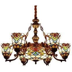 CraftThink Pendant Lighting LED Victorian Chandelier Light Antique Tiffany Style Stained Glass 6+1-Light Hanging Light for Dining Living Cafe Room Restaurant - TYP C1- Flower