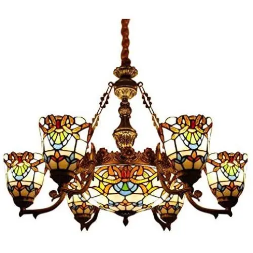 CraftThink Pendant Lighting LED Victorian Chandelier Light Antique Tiffany Style Stained Glass 6+1-Light Hanging Light for Dining Living Cafe Room Restaurant - TYP C1- Flower