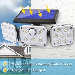 Solar Lights Outdoor, Lachesis 3 Heads Motion Sensor Security Lights Solar Powered, IP65 Waterproof 114 LED Flood Lights Motion Detected Spotlight 360° Rotatable for Porch Entryways Garage - 2 Pack