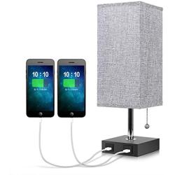 Lamp for Bedroom, Seealle Grey Bedside Desk Lamp with 2 USB Fast Charging Port, Small Nightstand lamp USB Table Lamp with Solid Wood Base, Pull Chain Lamp Great for Bedroom Living Room Guest Room