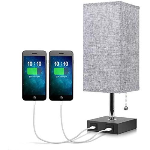 Lamp for Bedroom, Seealle Grey Bedside Desk Lamp with 2 USB Fast Charging Port, Small Nightstand lamp USB Table Lamp with Solid Wood Base, Pull Chain Lamp Great for Bedroom Living Room Guest Room