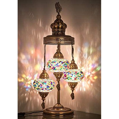 (16 Colors) Demmex 2020 - 3 BIG GLOBES Magnificent Handmade Turkish Moroccan Mosaic Tiffany Table Desk Bedside Lamp Lampshade Night Accent Mood Light for North American Use, 31'' Height (Anatolian Rug)