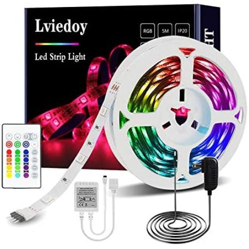 Lviedoy LED Strip Lights 16.4ft RGB Color Changing 5050 RGB led Lighting with 24-Key IR Remote Controller and 12V Power Supply Ideal for Bedroom Party and Holiday Decoration