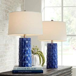 Rico Modern Table Lamps Set of 2 Textured Blue Ceramic Column White Drum Shade for Living Room Bedroom Bedside Nightstand Office Family - 360 Lighting