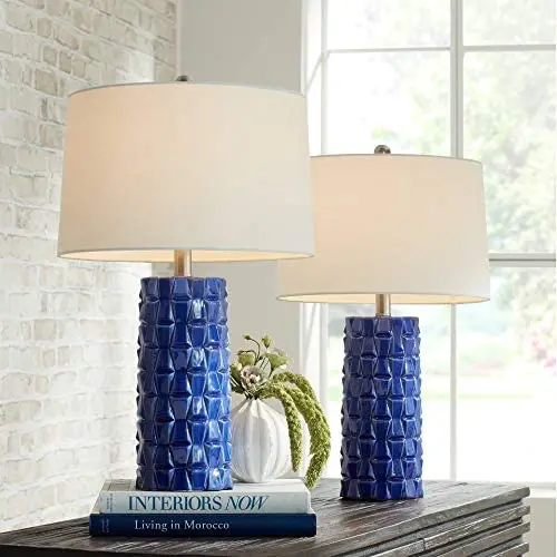 Rico Modern Table Lamps Set of 2 Textured Blue Ceramic Column White Drum Shade for Living Room Bedroom Bedside Nightstand Office Family - 360 Lighting Rico Modern Table Lamps Set of 2 Textured Blue Ceramic Column White Drum Shade for Living Room Bedroom Bedside Nightstand Office Family - 360 Lighting