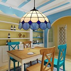 12 Inch Tiffany Style Chandeliers, 1 Light, Vintage Stained Glass Dining Room Ceiling Light Fixtures, Retro Decoration Pendant Hanging Lamp for Bedroom Living Room Restaurant,Blue