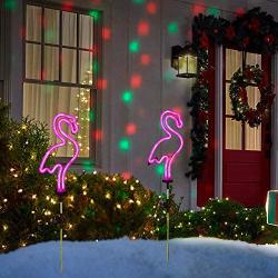 [Set of 2] Flamingo Solar Garden Stake Lights, Outdoor Solar Pathway Light for Lawn Patio Yard Walkway, Neon Pink Lighting (29.5'' Height)