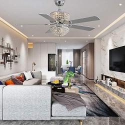 52-Inch Modern Crystal Fan Chandelier Silver with Remote Control Upper Part E12×3 Lower Part E27×3 Suitable for Living Room, Bedroom, Dining Room(Silver 3)