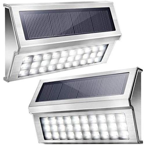 Upgraded 30 LED Solar Step Lights JACKYLED Outdoor Solar Stair Lights Waterproof Solar Powered Deck Lights Stainless Steel Cool White Light Security Lights for Path Fence Patio Wall Dock 2-Pack