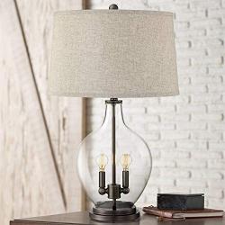 Becker Cottage Table Lamp with Nightlight LED Fillable Clear Glass Drum Shade for Living Room Family Bedroom Nightstand - Regency Hill