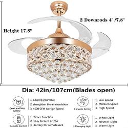 Kankanray 42 Crystal Fandelier Luxury Ceiling Fan Light with Remote Retractable LED Chandelier 3 Color Change 3 Speeds Acrylic Blades Silent Decorative Lighting Lamp for Living Room Bedroom