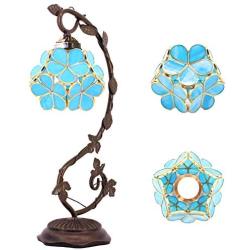 Tiffany Desk Lamp Stained Glass Table Reading Light Blue Lover Flower Petals Copper Style Shade W6H20 Inch S700 WERFACTORY LAMPS Living Room Bedroom Coffee Bar Office Dresser Desk Bedside Crafts Gifts