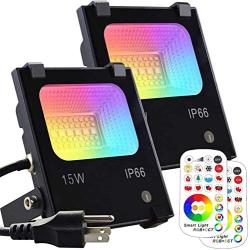 Melpo 15W Led Flood Light Outdoor 100W Equivalent, Color Changing RGB Led Lights with Remote, 120 RGB Colors, Warm White to Daylight Tunable,Uplight Landscape Spotlights,IP66, US 3-Plug (2 Pack)