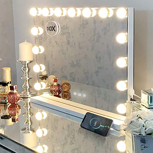 Hansong Large Vanity Makeup Mirror with Lights,Hollywood Lighted Mirror with 15 pcs Dimmable Led Bulbs for Dressing Room & Tabletop Mirror or Wall Mounted,Detachable 10X Magnification Spot Mirror