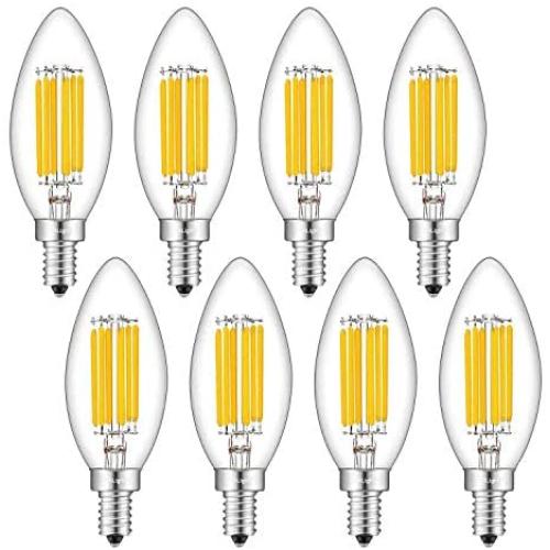 CRLight 6W Dimmable LED Candelabra Bulb 65W Equivalent 700LM, 6 LED Filament Real 6W LED Chandelier Light Bulbs, 2700K Warm White E12 Base, B11 Candle Torpedo Clear Glass Decorative Bulb, 8 Pack