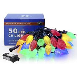Hopolon C9 LED Christmas String Lights, 8Modes 50 LED 33ft Outdoor Fairy Lights with 30V Safe Adaptor, Extendable Green Wire String Lights for Patio Xmas Tree Wedding Party Decoration, Multicolor