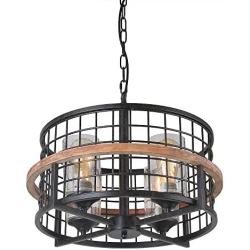 Giluta Rustic Round Chandelier Island Pendant Lighting Fixture with 4 Glass Shades, Industrial Drum Chandelier for Dinning Room Living Room Doorway Farmhouse Foyer Bar, Black (C0050)