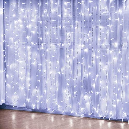 JMEXSUSS 300LED White Valentines Lights Curtain Lights with Remote,8 Modes Curtain String Lights Plug in Fairy Curtain Lights for Bedroom Wall Party Backdrop Valentines (White)