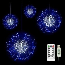 CP3 4Pcs Firework Lights 120 LED Copper Wire Starburst Lights Christmas Lights, 8 Modes Fairy Lights with Remote, USB Power String Lights for Bedroom Party Indoor Outdoor Decoration(Blue+White)