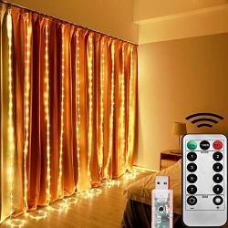 LIOVODE Curtain Lights USB Plug in,300 LED Window Curtain String Lights with Remote Control Timer for Wedding Party Home Bedroom Outdoor Indoor Wall Decorations,Warm White