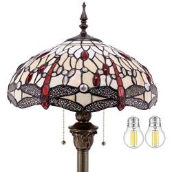 Tiffany Style Floor Standing Lamp W16H64 Inch (2 LED Bulb Included) Tall Amber Stained Glass Crystal Bead Dragonfly Shade Antique Reading Lighting Resin Base S557 WERFACTORY Lamps Bedroom Table Gifts
