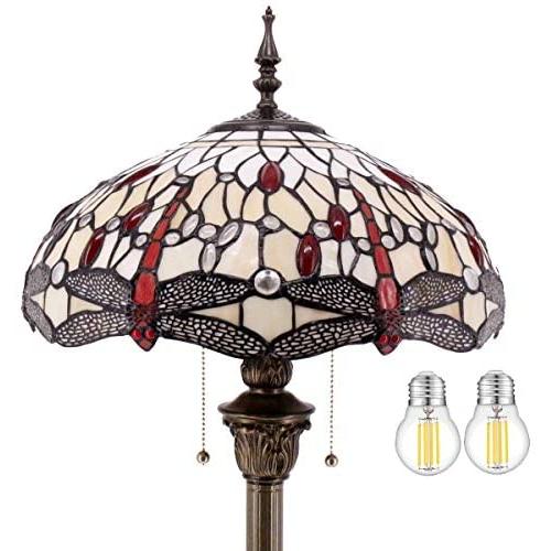 Tiffany Style Floor Standing Lamp W16H64 Inch (2 LED Bulb Included) Tall Amber Stained Glass Crystal Bead Dragonfly Shade Antique Reading Lighting Resin Base S557 WERFACTORY Lamps Bedroom Table Gifts