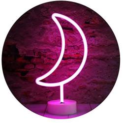 LED Neon Moon Lights, Moon Shape Neon Signs Crescent Night Lights Battery Operated Desk Table Lamp for Bedroom, Bar, Wall Decor-Moon with Holder Base(Pink)