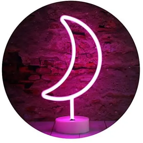LED Neon Moon Lights, Moon Shape Neon Signs Crescent Night Lights Battery Operated Desk Table Lamp for Bedroom, Bar, Wall Decor-Moon with Holder Base(Pink)
