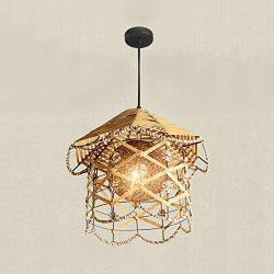 KWOKING Lighting Rustic Weave Wicker Hanging Lamp House Shape Pendant Light Natural Hemp Ball Rattan Chandelier Light Fixture for Hallway Dining Room - Style B