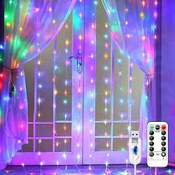 EEEKit Curtain Lights, 300 LED 9.8Ftx9.8Ft, 8 Lighting Modes Multicolor Window Curtain String Lights with Remote USB Powered, Home Party Christmas Wedding Bedroom Indoor Outdoor Decor