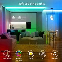 50ft LED Strip Lights Music Sync Color Changing Strip Lights RGB 270 LEDs SDM 5050 Tape Lights IR Remote Bluetooth App Controlled LED Lights for Bedroom, Kitchen, Dorm, Party, TV, Christmas Decoration